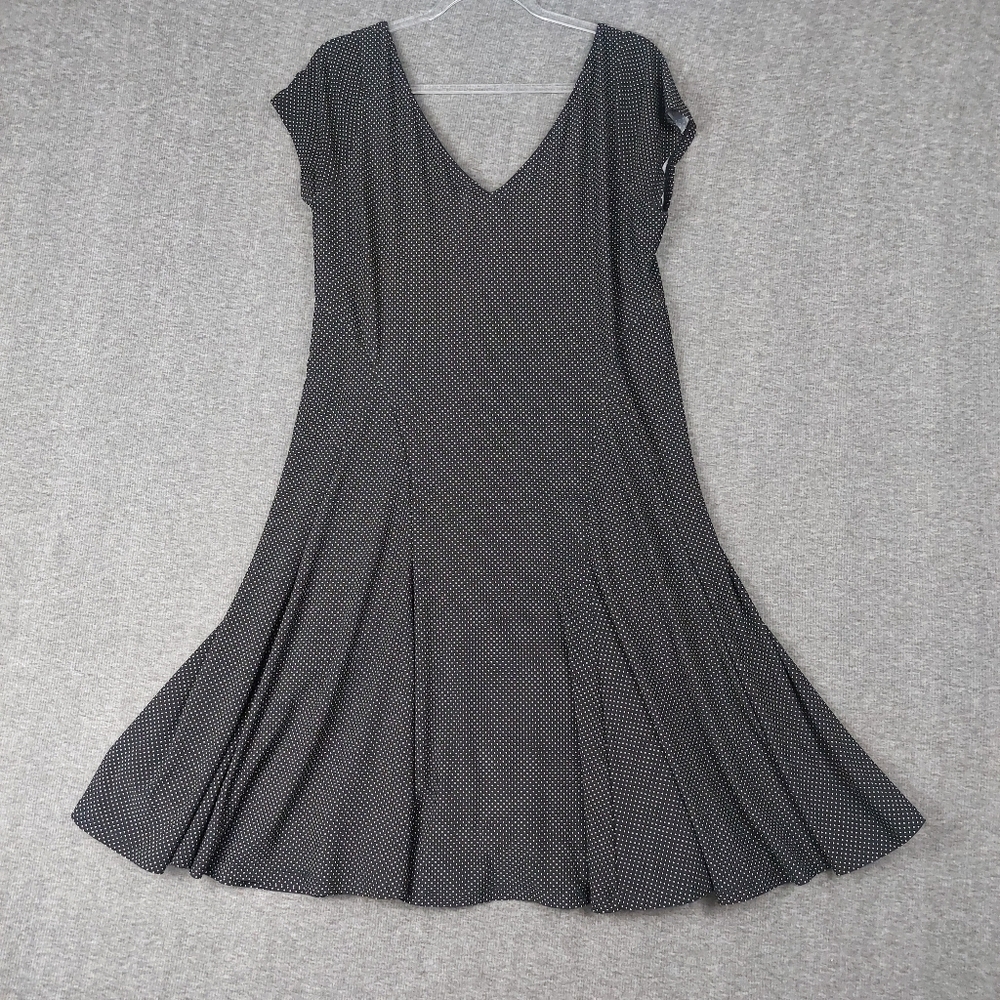 LAUREN RALPH LAUREN WOMENS BLACK WHITE POLKA-DOT SHORT SLEEVE V-NECK DRESS SZ L